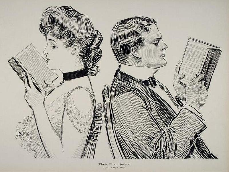 Old cartoon of man and woman reading back to back